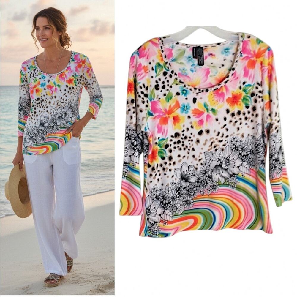 Lynn Richie Silk Knit Top Women's Large Multicolor Mixed Print 3/4 Sleeve Shirt